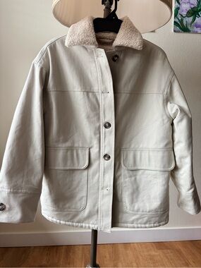 ASOS DESIGN Petite Borg Lined Canvas Jacket in Ecru Cream